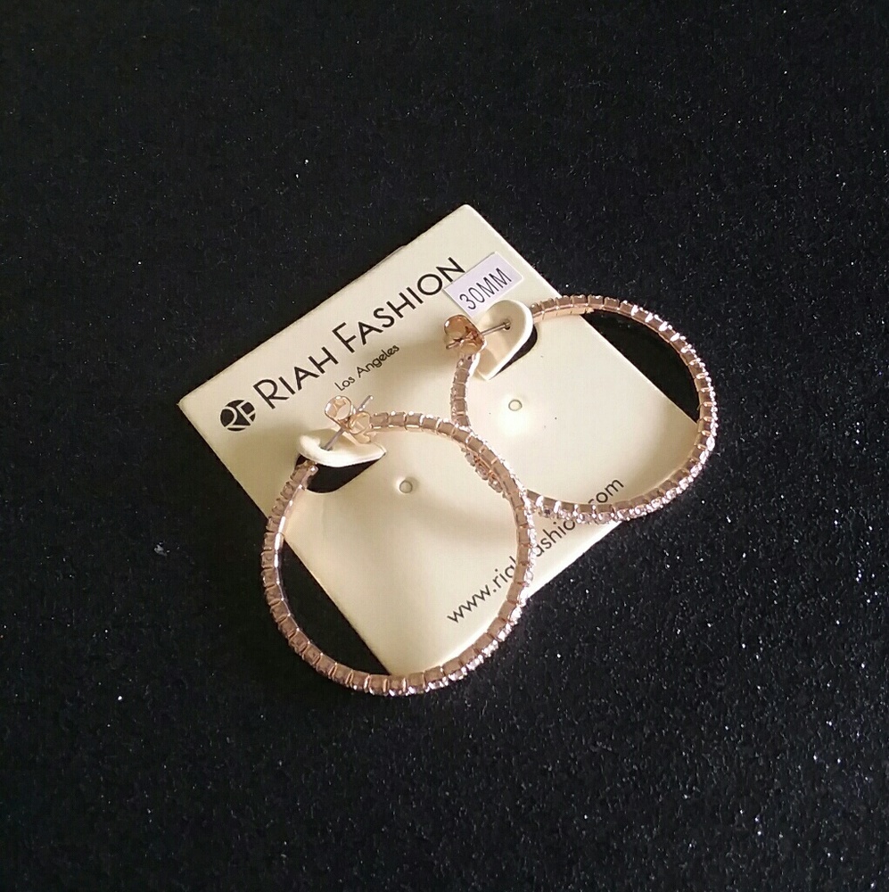 Rose gold earrings hoops with clear gemstones - Picture 4 of 4